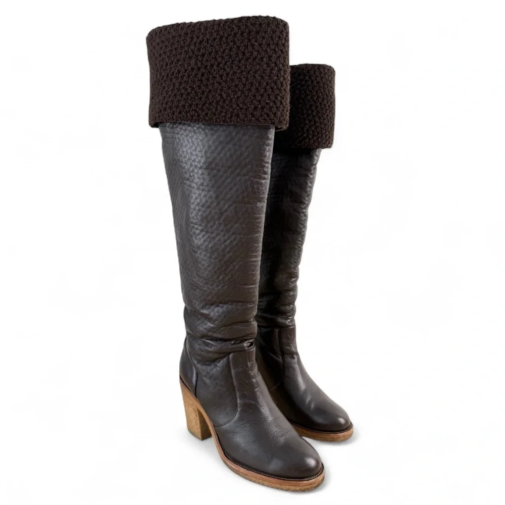 CHANEL Over The Knee Winter Boots Brown Sz 40